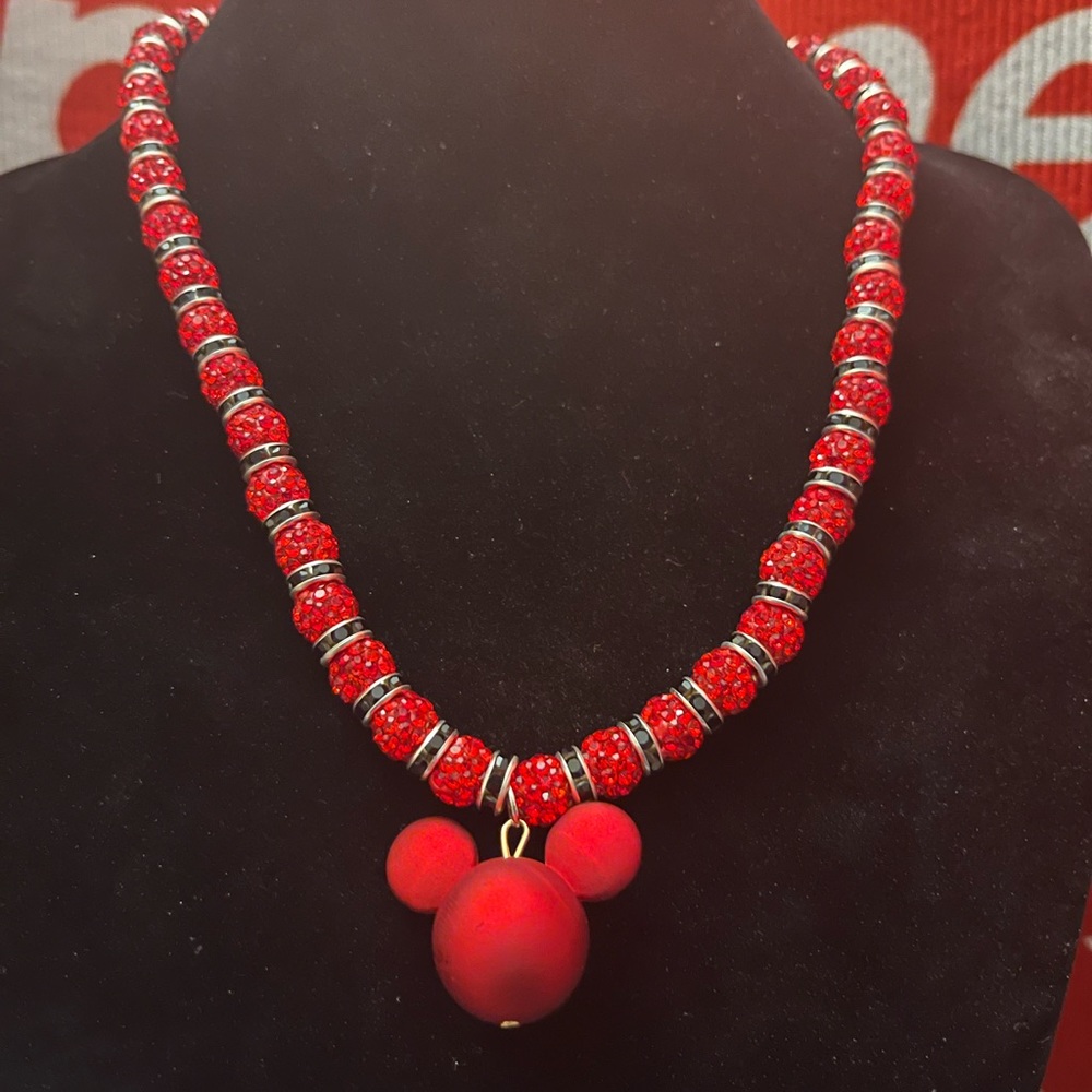 Red rhinestone with black rhinestone spacers necklace with Mickey Mouse pendant
